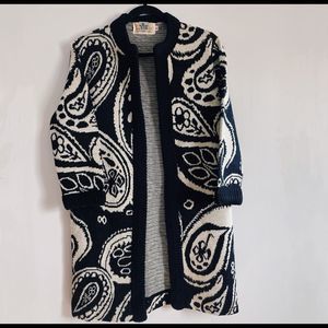 Vintage 60s Catalina Jacquard wool Paisley black & white knee length cardigan